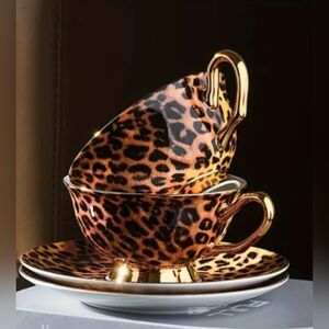 (2 piece) Leopard Print Teacup and Saucer Set with Gold Accents